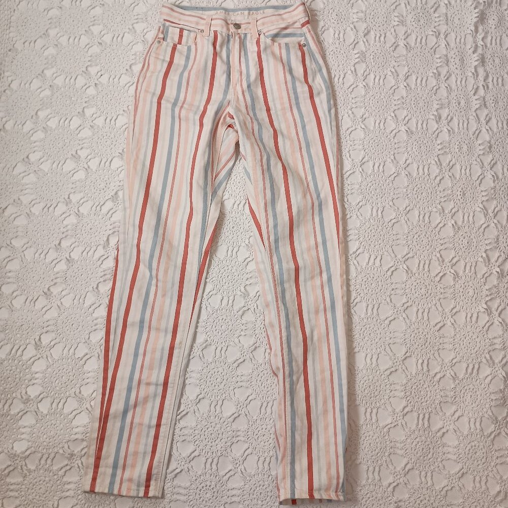 American Eagle Mom Jeans Ivory Blue Orange Stripe High Rise 2 Long Tall Women